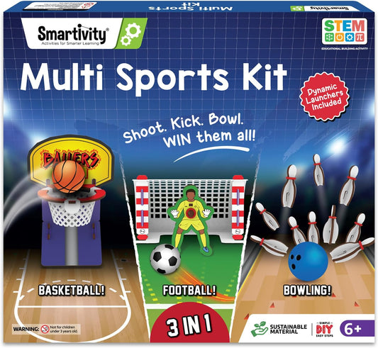 Arjoos | Smartivity Multi Sports Kit -(3 in 1 ) Sports Game  | Basketball, Soccer, Bowling for Kids | DIY Science Toy for Kids | STEM Wooden Construction Game | Birthday Gifts for Boys & Girls - Ages ( 6 -14 yrs )