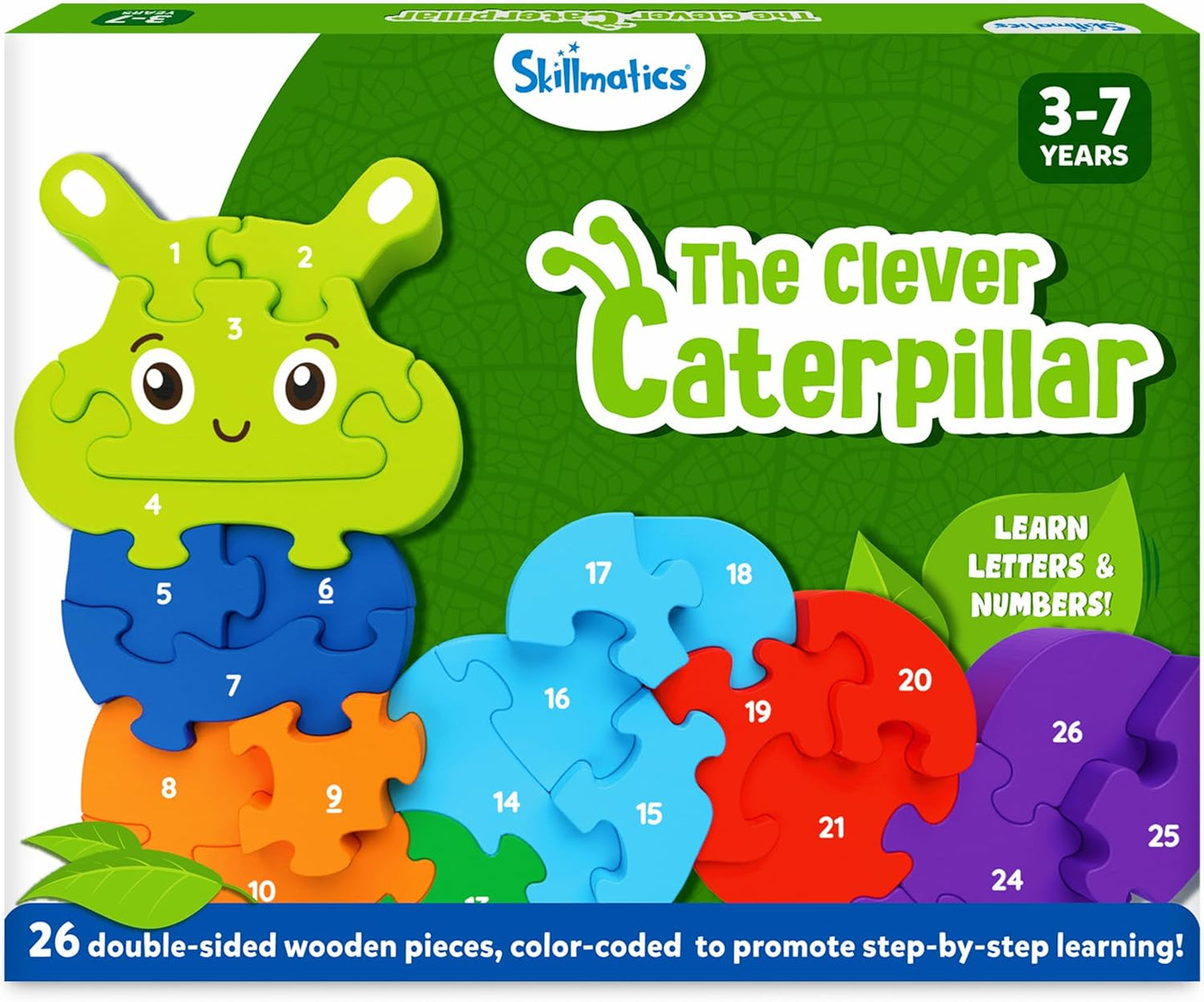 Arjoos |  Skillmatics Wooden Puzzle - The Clever Caterpillar | 26 Doubled Sided Wooden Pieces | Gifts for Boys & Girls- (ages 3+)