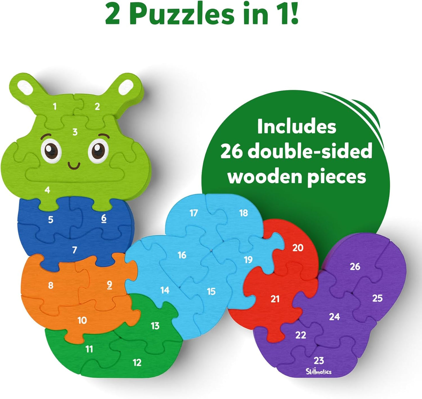 Arjoos |  Skillmatics Wooden Puzzle - The Clever Caterpillar | 26 Doubled Sided Wooden Pieces | Gifts for Boys & Girls- (ages 3+)