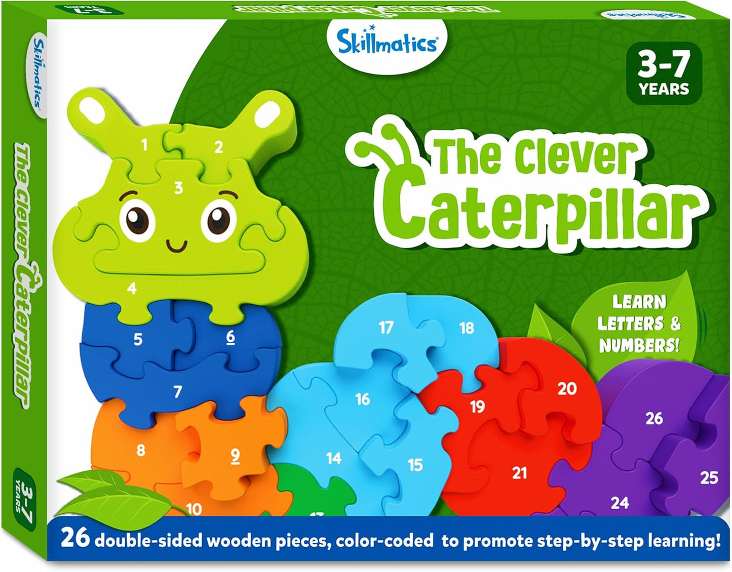 Arjoos |  Skillmatics Wooden Puzzle - The Clever Caterpillar | 26 Doubled Sided Wooden Pieces | Gifts for Boys & Girls- (ages 3+)