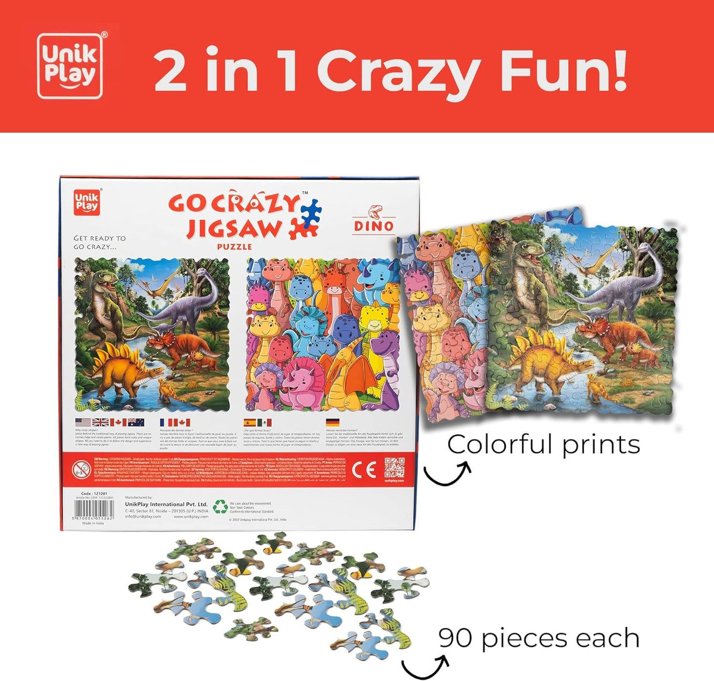 Arjoos  |  Unik Play Go Crazy Dinosaur Jigsaw Puzzle  for Kids | 12x12 inches, 90+90 Puzzle Pieces