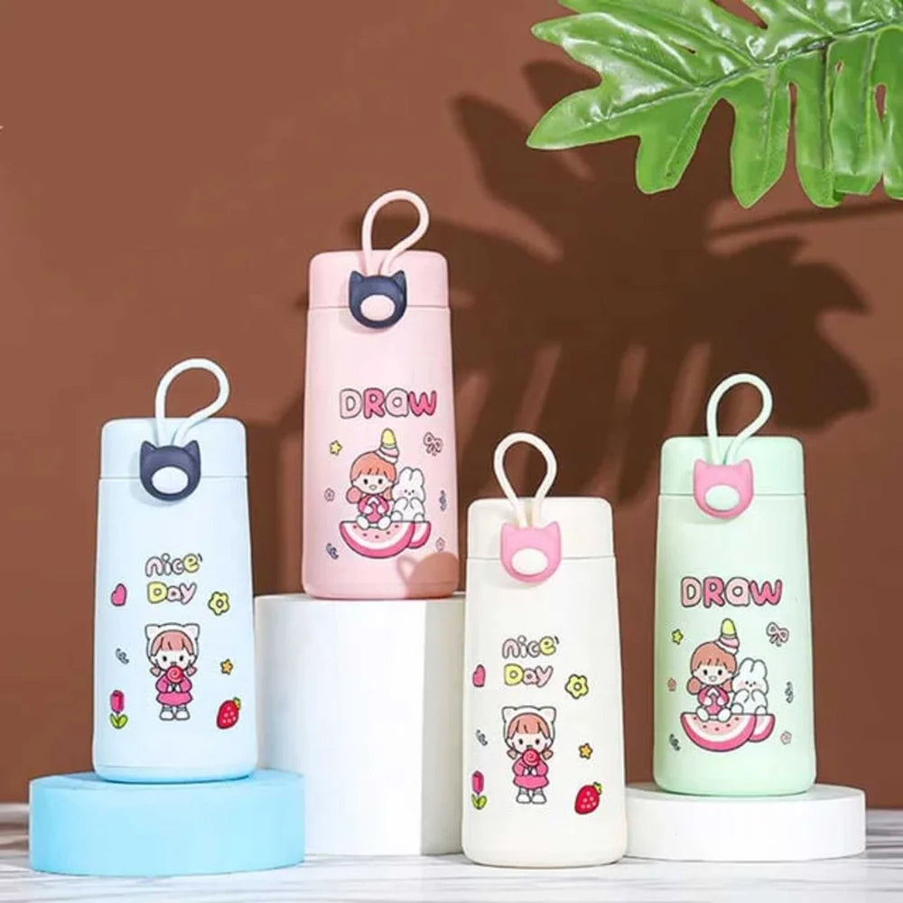 Arjoos | Cute Character Printed Glass Water Bottle For Kids-Double Layer-Outer Plastic-Inner Glass-300 ML